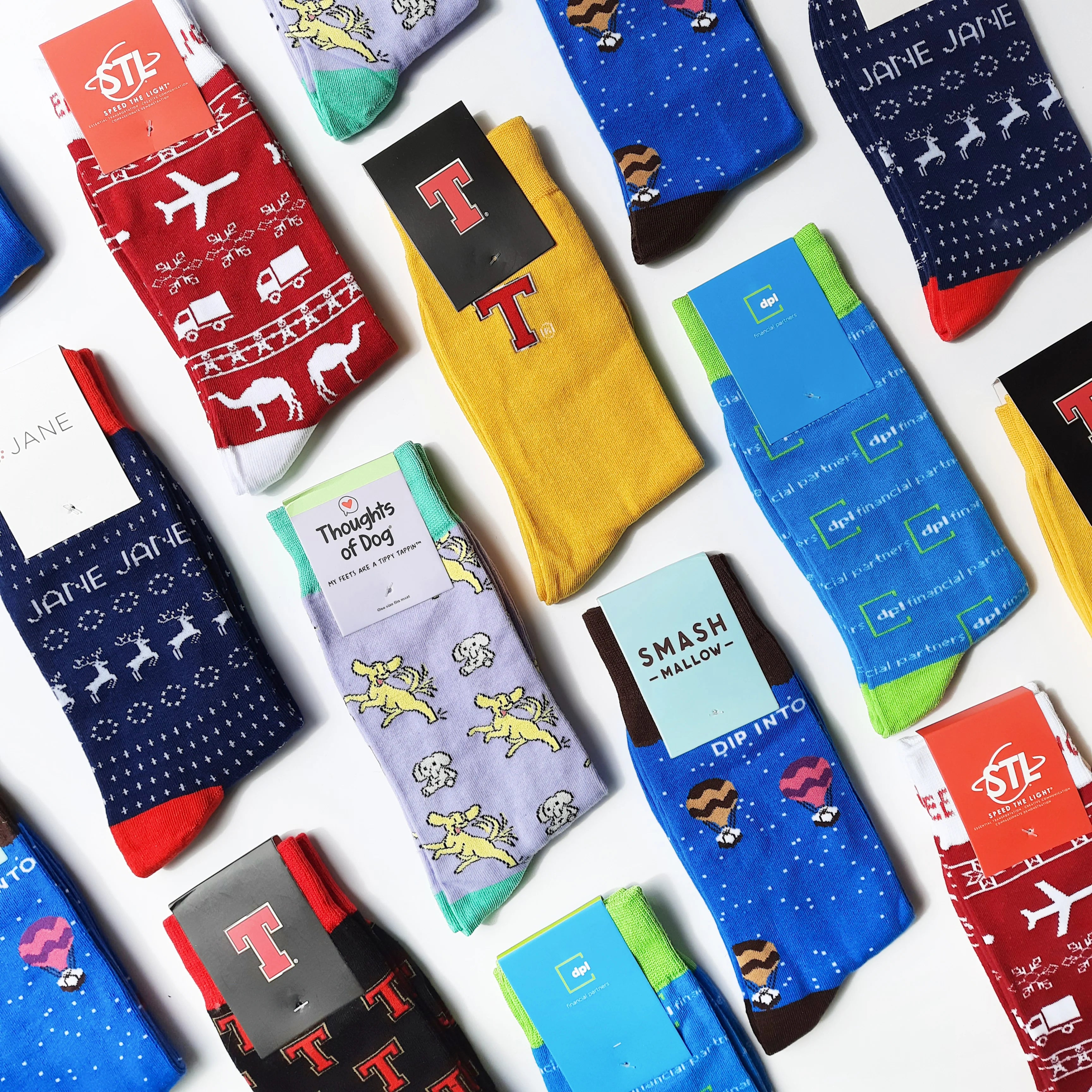Collection of various custom woven socks by Roody